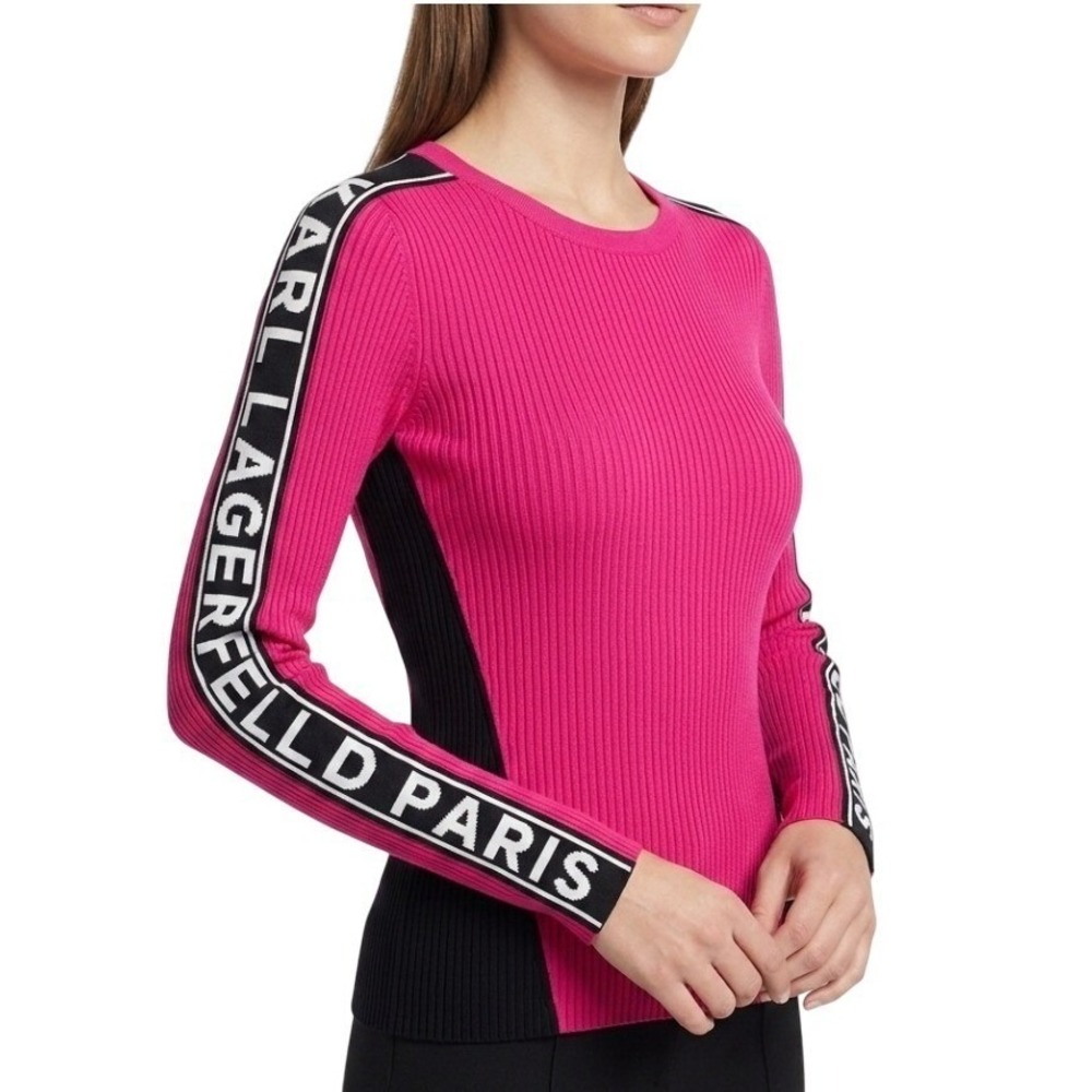 Karl Lagerfeld Paris Sweater Womens XS Pink Black Ribbed Knit Logo Pullover Top